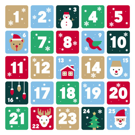 Colorful Modern Advent Calendar with Cute Christmas Icons and Festive Vector Illustrationのイラスト素材