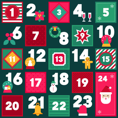 Traditional Christmas Advent Calendar with Bold Block Numbers and Festive Holiday Symbols Retro Vector Illustrationのイラスト素材