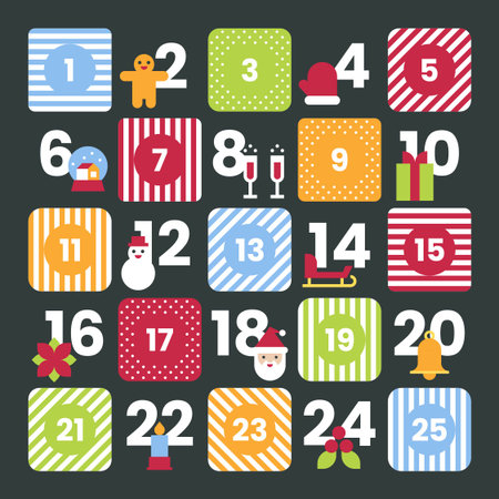 Retro Stripe Pattern Advent Calendar with Fun Christmas Icons and Vibrant Festive Holiday Vector Illustrationのイラスト素材