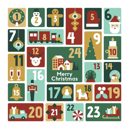 Cheerful Merry Christmas Advent Calendar with Cute Characters Gifts Holiday Village and Winter Icons Vector Illustrationのイラスト素材