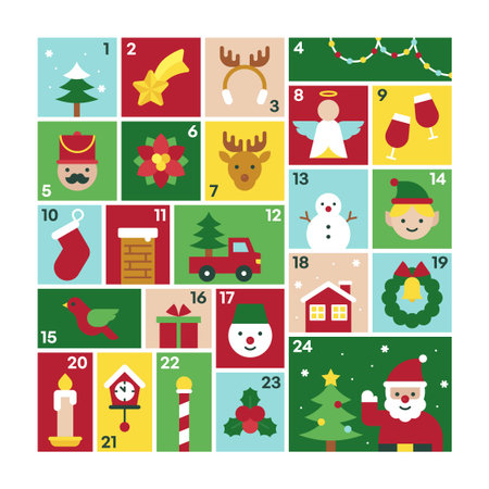 Snowy Retro Advent Calendar with Cozy Christmas Icons Winter Village Festive Blocks Cute Holiday Vector Illustrationのイラスト素材