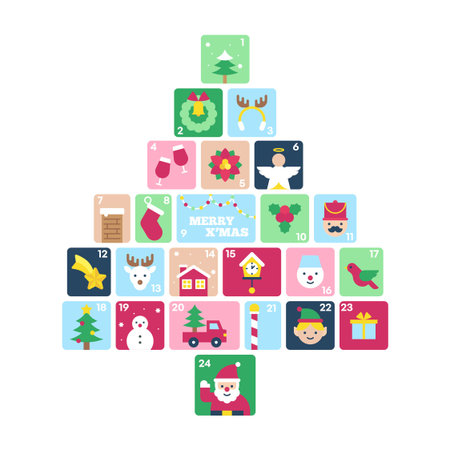 Minimal Christmas Advent Tree Calendar with Pastel Festive Blocks Cute Winter Holiday Icons Vector Illustrationのイラスト素材