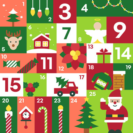 Classic Red Green Advent Calendar with Christmas Icons Santa Reindeer Angel Winter Holiday Blocks Vector Illustrationのイラスト素材