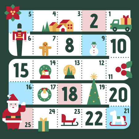 Cute Character Advent Calendar with Santa Icons Holiday Elements Whimsical Christmas Vector Illustrationのイラスト素材