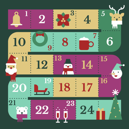 Curved Path Advent Calendar with Christmas Icons Whimsical Festive Blocks Santa Winter Vector Illustrationのイラスト素材