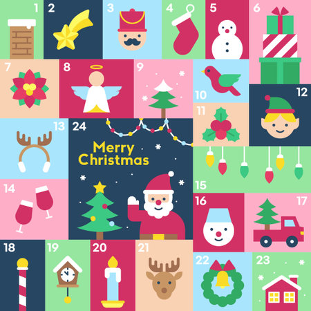 Pastel Christmas Advent Calendar with Cute Festive Icons Whimsical Holiday Blocks Winter Vector Illustrationのイラスト素材