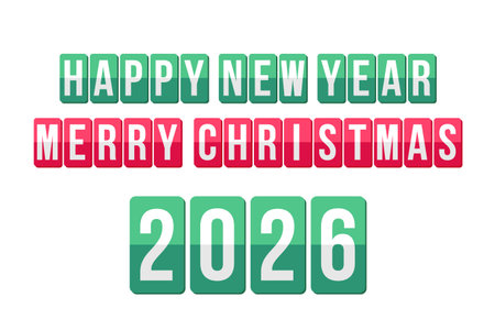 Happy New Year and Merry Christmas Greeting Typography with 2026 Number Blocks Vector Illustrationのイラスト素材