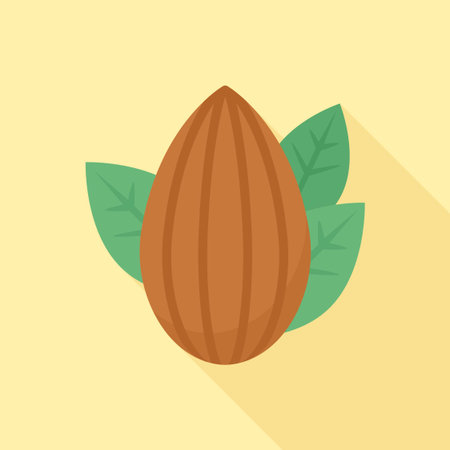 Whole Almond with Green Leaves Flat Vector Illustrationのイラスト素材