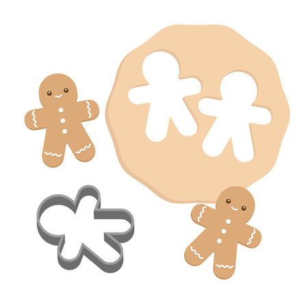 Gingerbread Cookies with Dough Cutouts and Metal Cookie Cutter Vector Illustrationのイラスト素材