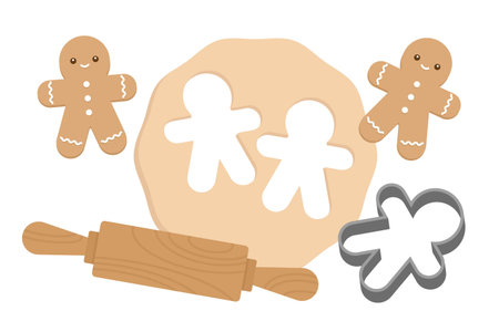 Gingerbread Dough with Rolling Pin and Gingerbread Man Cookie Cutter Vector Illustrationのイラスト素材