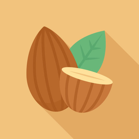 Almond with Leaf and Half Nut Flat Vector Illustration on Orange Backgroundのイラスト素材