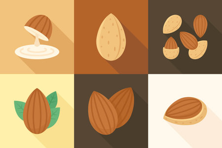 Various almond nuts in flat style on warm color background vector illustrationのイラスト素材