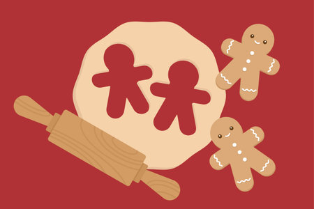 Gingerbread Cookie Dough and Rolling Pin on Festive Red Baking Background Vector Illustrationのイラスト素材