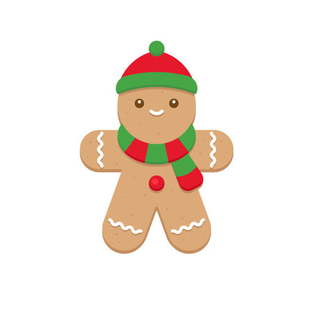 Cute Gingerbread Character with Green and Red Winter Hat Vector Illustration
