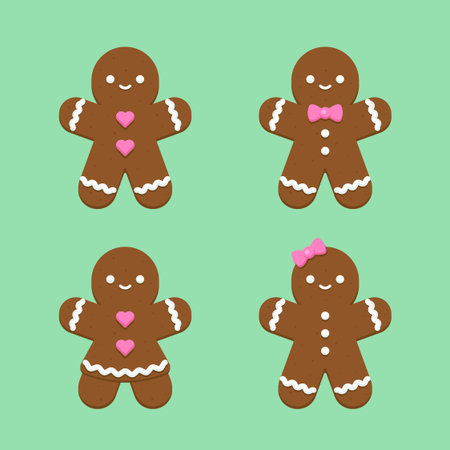 Cute Gingerbread Couple with Hearts and Icing Details Vector Illustrationのイラスト素材