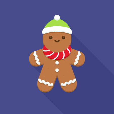 Smiling Gingerbread Character with Green Winter Hat and Red Scarf Vector Illustrationのイラスト素材