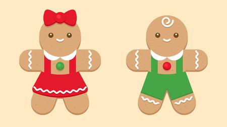 Gingerbread girl and boy with red bow and buttons on beige background Vector Illustrationのイラスト素材