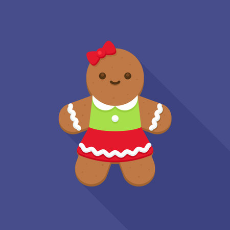Cute Gingerbread Girl with Green Dress and Red Bow Vector Illustrationのイラスト素材
