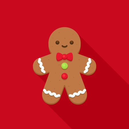 Gingerbread Man with Red Bow Tie on Bright Red Background Vector Illustrationのイラスト素材