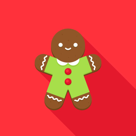 Gingerbread man with green outfit and red buttons on red background Vector Illustrationのイラスト素材