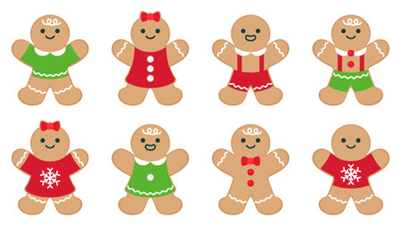 Cute Gingerbread Cookie Characters in Festive Outfits Vector Illustrationのイラスト素材