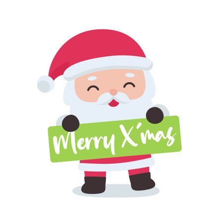 Smiling Santa Claus Holding a Merry Christmas Sign on White Background Vector Illustrationのイラスト素材