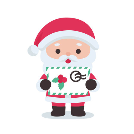 Cute Santa Claus Holding a Christmas Letter with Decorative Holiday Elements Vector Illustrationのイラスト素材