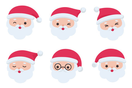 Santa face pack featuring calm, happy, and playful expressions in simple festive style Vector Illustrationのイラスト素材