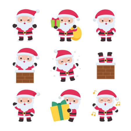 Cute Santa Claus Character Set in Various Holiday Actions with Gifts Chimney and Festive Icons Vector Illustrationのイラスト素材