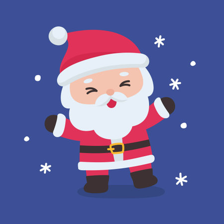 Cute Santa Claus Laughing Joyfully with Falling Snowflakes on a Dark Blue Background Vector Illustrationのイラスト素材