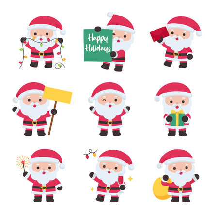 Santa Claus Holiday Collection Showing Cheerful Poses with Signs Gifts Sparkles Vector Illustrationのイラスト素材