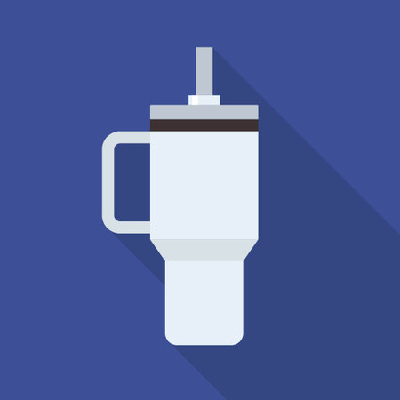 Flat Travel Tumbler with Handle in Minimal Long Shadow Style on Blue Background Vector Illustrationのイラスト素材