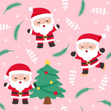 Fun Christmas pattern with dancing Santa, Christmas trees, and snowflakes on a pink background Vector Illustrationのイラスト素材