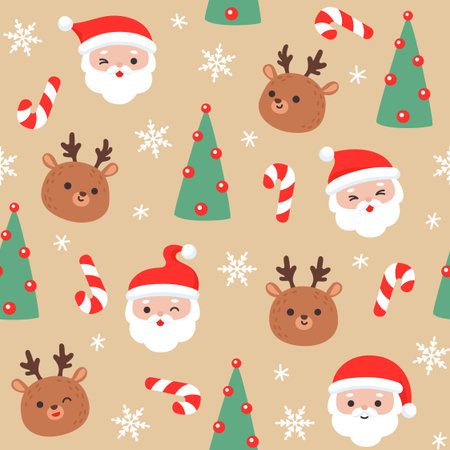 Cute Christmas pattern with Santa, reindeer, candy canes, and trees on a beige background Vector Illustrationのイラスト素材