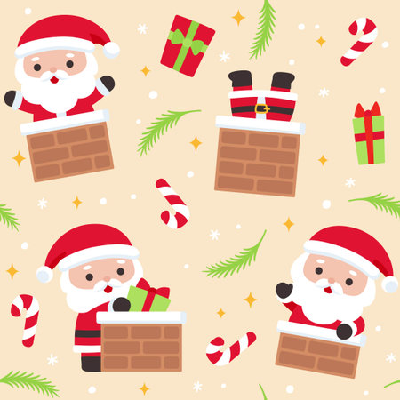 Festive Christmas pattern with Santa on rooftops delivering gifts with candy canes and presents on a beige background Vector Illustrationのイラスト素材