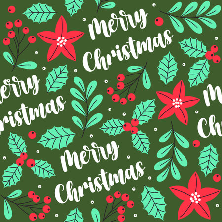 Merry Christmas pattern with flowers, holly leaves, and berries on a green background Vector Illustrationのイラスト素材
