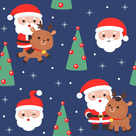 Christmas pattern with Santa and reindeer in a snowy winter scene with trees on a navy blue background Vector Illustrationのイラスト素材