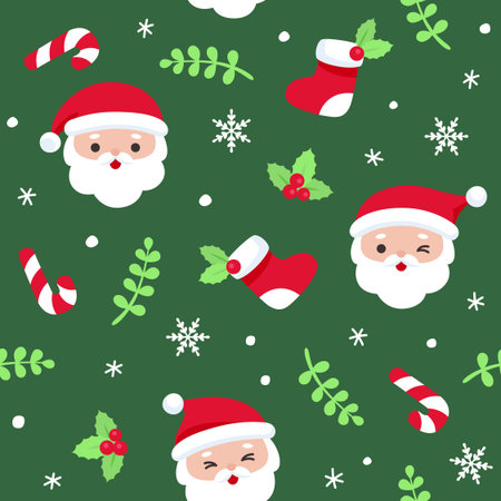 Christmas pattern with Santa, stockings, and holly leaves on a green background with snowflakes Vector Illustrationのイラスト素材