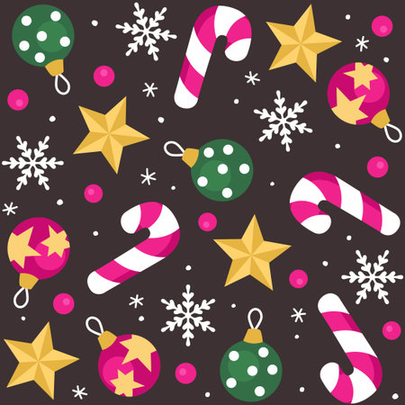 Christmas pattern with candy canes, stars, and ornaments on a dark background Vector Illustrationのイラスト素材