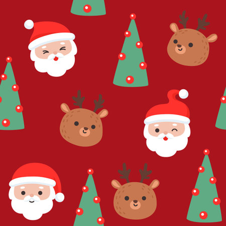 Festive Christmas pattern with Santa, reindeer, and trees on a red background Vector Illustrationのイラスト素材