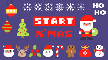 Pixel Christmas Banner with Santa Snowman Tree and Festive Icons on Purple Background Vector Illustrationのイラスト素材