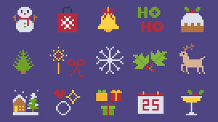 Pixel Christmas Icons with Snowman Reindeer Gifts and Holiday Elements Vector Illustrationのイラスト素材