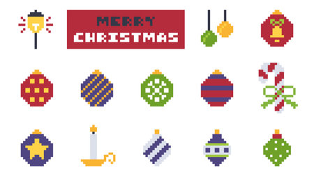Retro Pixel Christmas Ornament Collection with Festive Balls and Candles Vector Illustrationのイラスト素材