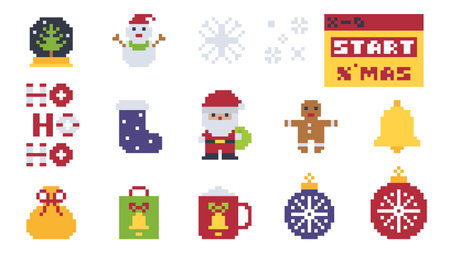 Colorful Pixel Christmas Icons with Santa Snowman and Festive Decorations Vector Illustrationのイラスト素材