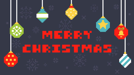 Pixel Christmas Ornament Banner with Hanging Baubles and Festive Text on Dark Background Vector Illustrationのイラスト素材