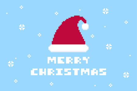 Pixel Art Santa Hat with Merry Christmas Snow Background Vector Illustrationのイラスト素材
