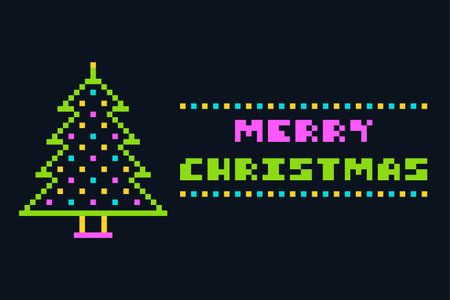 Pixel Art Christmas Tree Banner with Merry Christmas Text Vector Illustrationのイラスト素材