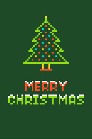 Pixel Art Christmas Tree Poster with Merry Christmas Text Vector Illustrationのイラスト素材