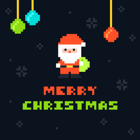 Pixel Art Santa Character with Merry Christmas Greeting Vector Illustrationのイラスト素材