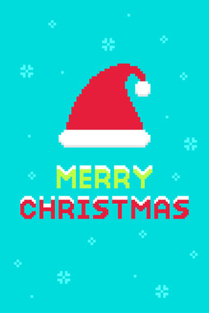 Pixel Art Santa Hat with Merry Christmas Snow Background Vector Illustrationのイラスト素材